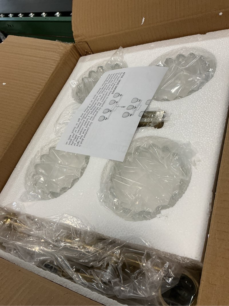 Condition photo showing Good Condition for 4 light 27.2 in bathroom vanity light,rustic brass bathroom lighting fixtures over mirror, vintage vanity mirror lights clear tulip glass wall sconce for living room,bedroom,hallway,e26 base brass base-clear tulip 4-light