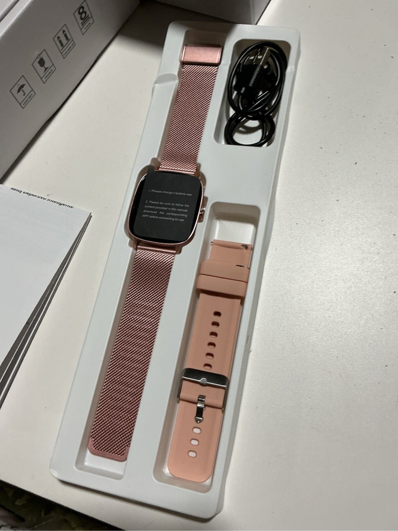 Condition photo showing Good Condition for Smart Watch for Women, Answer/Make Call,1.85'' Ultra-Clear Screen Fitness Tracker with Heart Rate/Sleep/SpO2 Monitor,Smartwatch for iPhone/Samsung/Android,120+ Sport Modes,IP68 Waterproof with 2 Bands Rose Gold