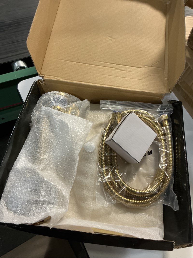 Condition photo showing Good Condition for shower head,12'' rain shower head with 11'' adjustable extension arm and 5 settings high pressure handheld shower head combo,powerful shower spray against low pressure water-brushed gold 12" showerhead set gold
