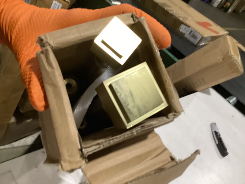 Condition photo showing New/Like New for double curtain rods with square heavy duty aluminum alloy finials - 72-144' telescoping rods, 1 inch front and 5/8 inch back - warm gold warm gold 72-144"