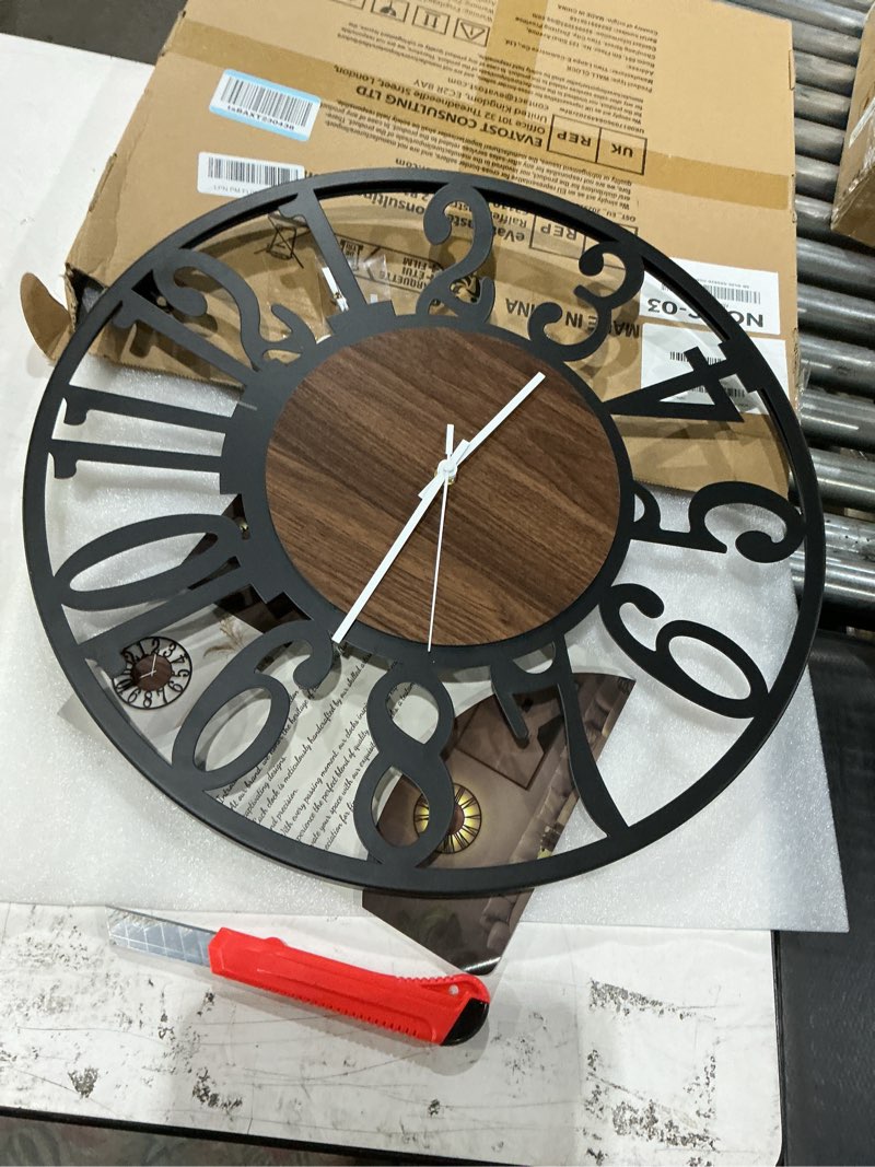 Condition photo showing As Is for leike large wall clocks with night light battery operated,silent non ticking,rustic modern big wood clock for living room, bedroom,kitchen,farmhouse,office,home decor-20 inch(black-arabic number) 20 inch black-wood-arabic