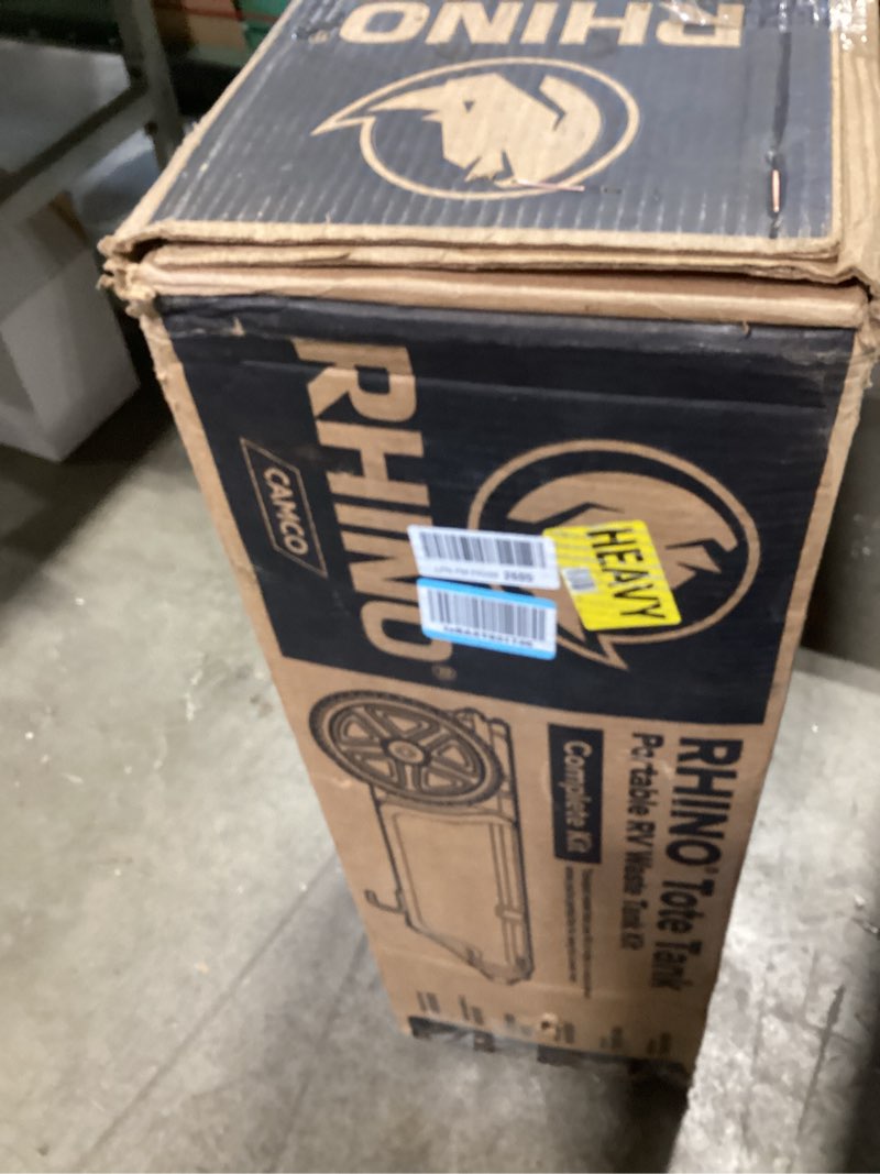 Condition photo showing Good Condition for Camco Rhino 21-Gallon RV Portable Waste Tank - Features Large Heavy-Duty No-Flat Wheels & Low Drain Hole - Includes Removable Steel Tow Adapter, 3’ Sewer Hose & More RV Accessories (39002) 21 Gallon Heavy Duty (2 Wheel)