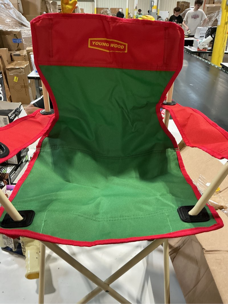 Condition photo showing Good Condition for young wood portable camping chair beach chair outdoor foldable chair, included mesh cup holder & safety lock to avoid pinch hand, suitable for christmas, camp, party, with carrying bag, ages 2 to 7 green