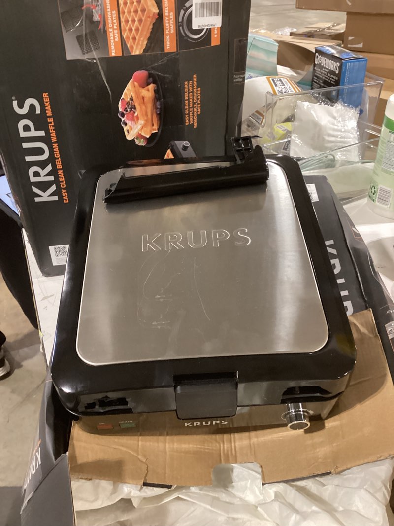 Condition photo showing As Is for KRUPS 4-Slice Belgian Waffle Maker: Stainless Steel, 5 Browning Levels, Audible Ready Beep, Removable Plates, 1200W, Silver/Black, Large Waffle Maker Family Size, Great for Family Breakfasts