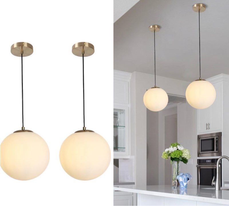 Loyled 2 Pack Globe Glass Pendant Light Fixtures, Gold Mid Century Light Fixture with Milk Glass, Mo