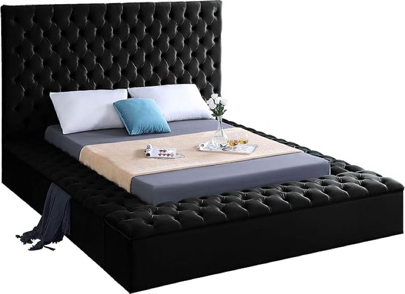 (incomplete) meridian furniture bliss collection modern | contemporary velvet upholstered bed with deep button tufting and storage compartments in rails and footboard, black, king