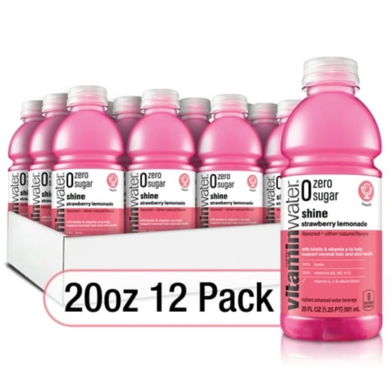 (best by 02 / 02 / 26 ) vitaminwater zero sugar shine  electrolyte enhanced water w/ vitamins  strawberry lemonade drinks  20 fl oz  12 pack