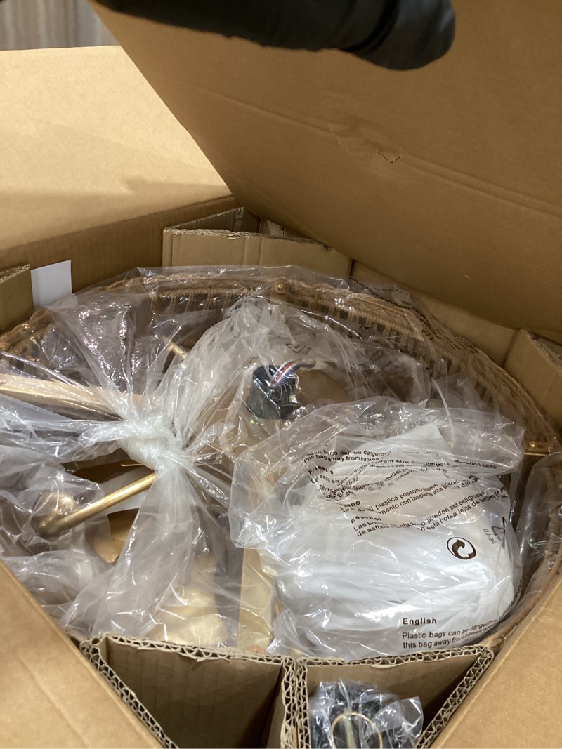 Condition photo showing Good Condition for 20 inch Gold Semi Flush Mount Rattan Ceiling Fan Light Fixture, Drum Shade with 7 Transparent Blades,Remote Control, E26 Base, Reversible Motor, Farmhouse Boho Style