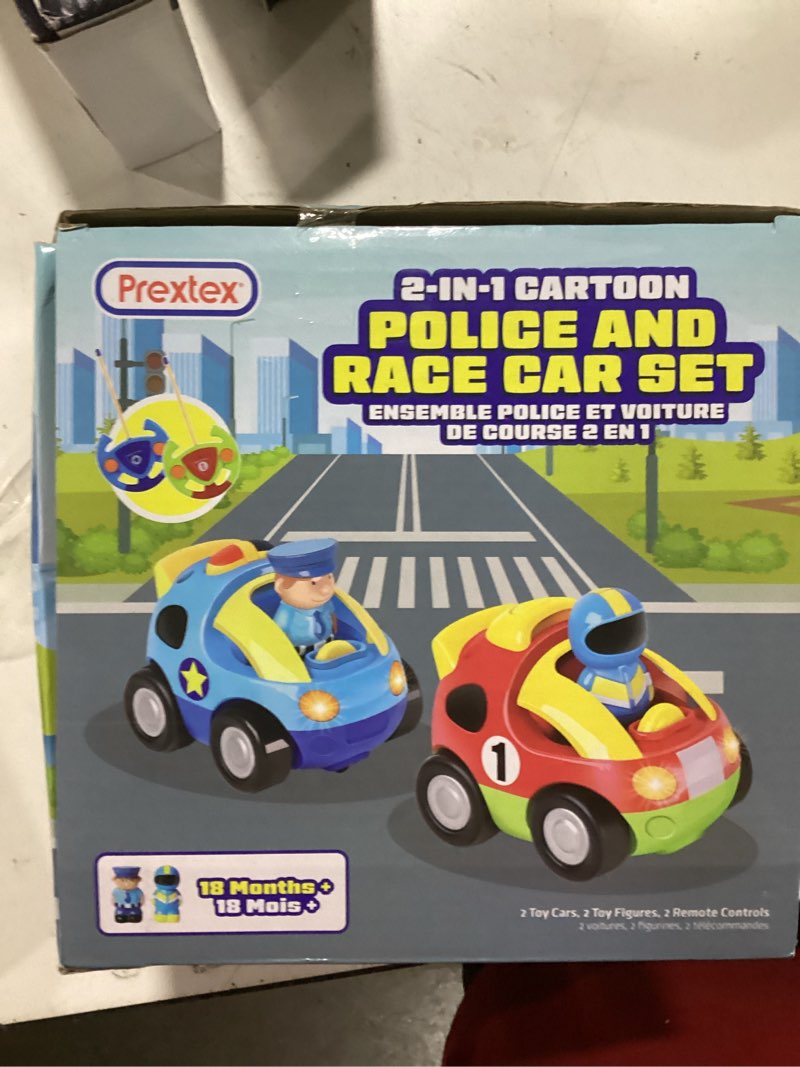 Prextex 2 Pack Cartoon Remote Control Cars for Toddlers - Police Car and Race Car with Steering Whee