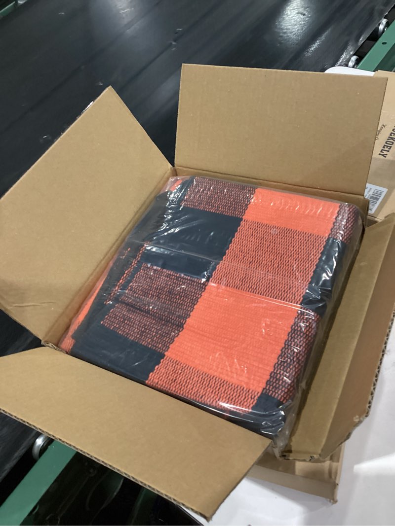 Condition photo showing Good Condition for Cotton Orange and Black Plaid Rug - 27.5 x 43 Inches, Hand-Woven Indoor/Outdoor Layered Cotton Blend Buffalo Plaid Rug, Washable Front Door Mat, Perfect for Porch, Living Room, Entryway 2.3' x 3.6' (Rectangular) Orange and Black