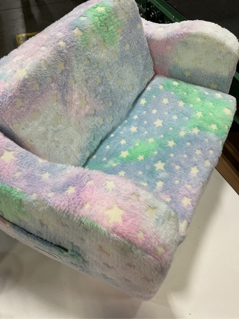 Condition photo showing Good Condition for MeMoreCool Folding Toddler Chair, Soft Plush Fold Out Kids Couch Sofa Glow in The Dark, Comfy Baby Recliner for Girls Boys (Blue Galaxy) Blue Galaxy Polyester
