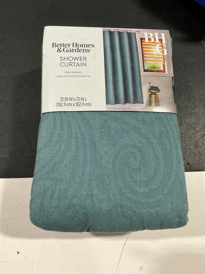 Condition photo showing New/Like New for better homes & gardens, paisley matelasse shower curtain, nimbus blue, bci cotton, recycled polyester, 72 w x 72 l, 1 piece, adult