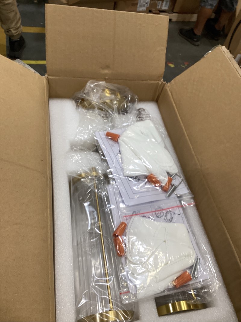 Condition photo showing item condition for Brushed Gold Wall Sconces Set of 2, Modern Bathroom Vanity Light Fixture with Clear Glass Shades, Hardwired Brass Wall Mounted Lamp for Over Mirror, Hallway, Bedroom (E12 Bulbs Not Included)
