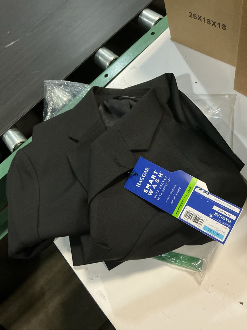 Condition photo showing As Is for haggar mens smart wash with repreve slim fit stretch machine washable suit separates - pants & jackets suit jacket 40 black