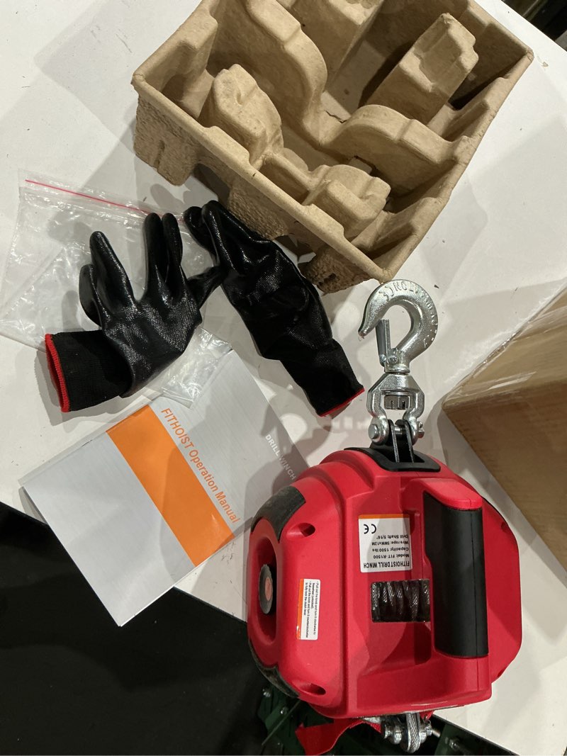 portable drill winch, drill powered winch with alloy steel wire rope, hand warn winch for lifting, dragging, handling, trailer (red)