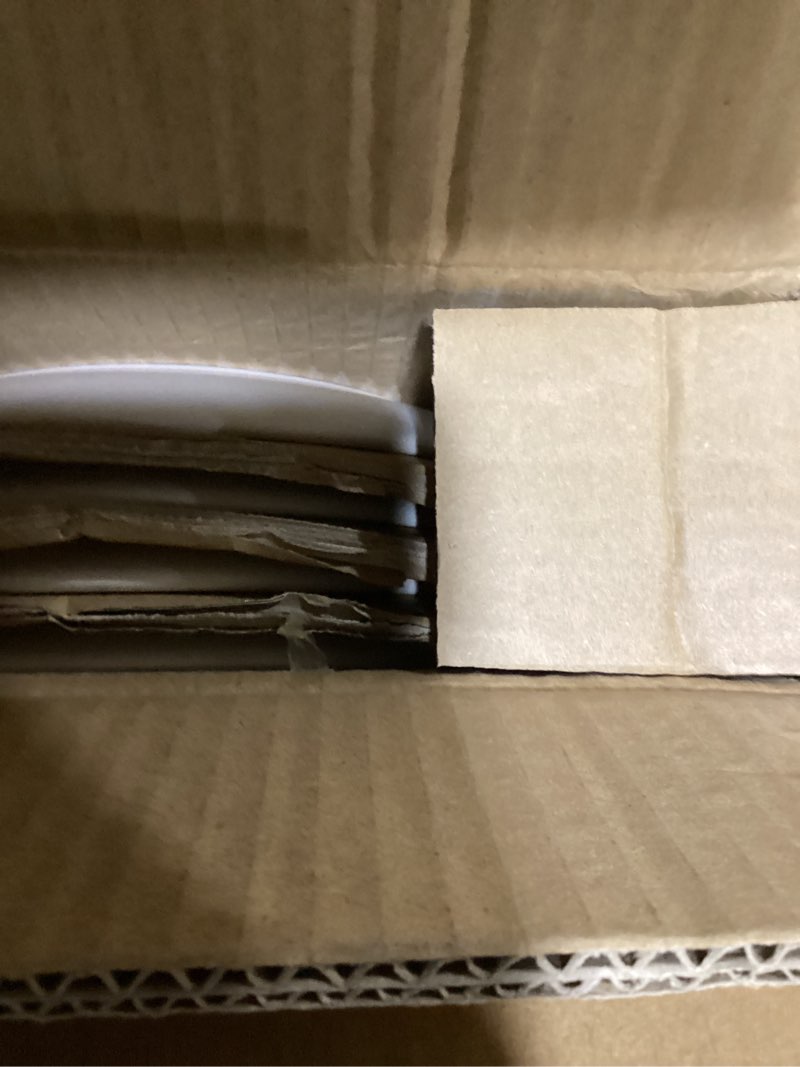 Condition photo showing As Is for Gibson Home Dempsey Road 12-Piece Stoneware Dinnerware Set – Service for 4, Round White Plates and Bowls, Durable Solid Color Modern Embossed Dish Set, Microwave & Dishwasher Safe White (Dempsey Road) Service for 4 (12pcs)