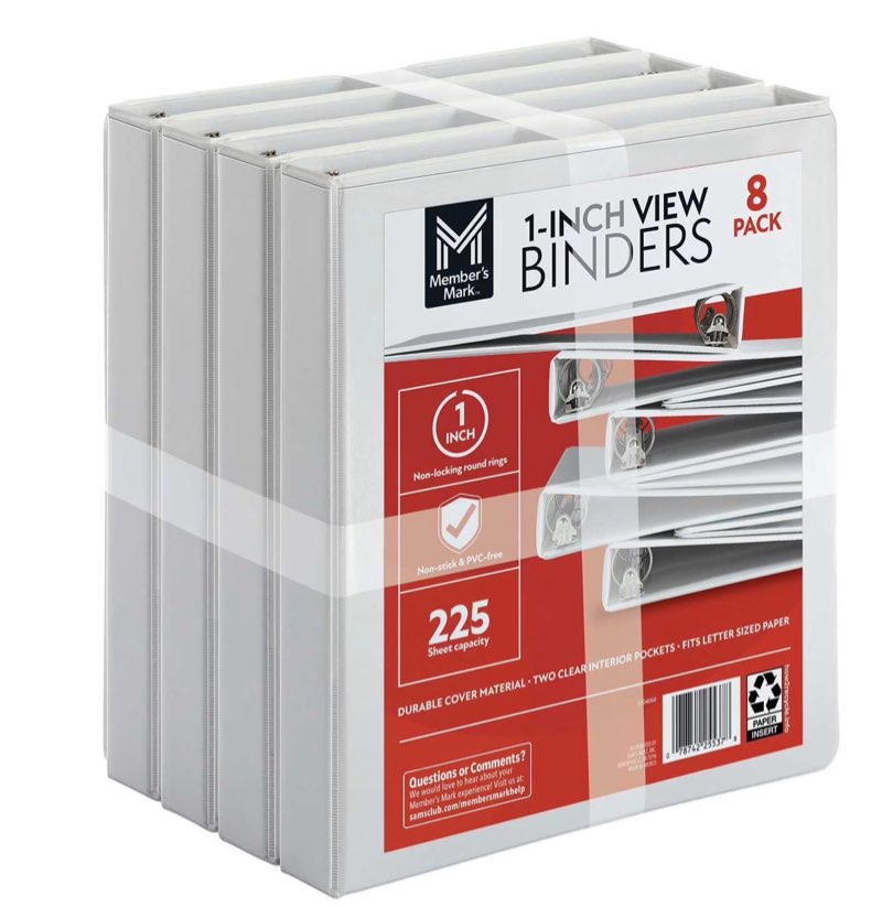 member's mark 1\" round-ring view binder, white, 5  pk.