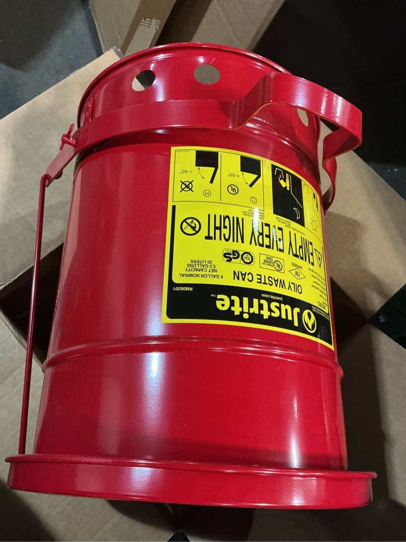 Condition photo showing Good Condition for justrite 6 gallon galvanized steel oily waste can, 16" x 12" metal oil rag safety can with foot operated self-closing lid for oil rag disposal, made in the usa, red, 09100 red 6 gallon foot-operated lid