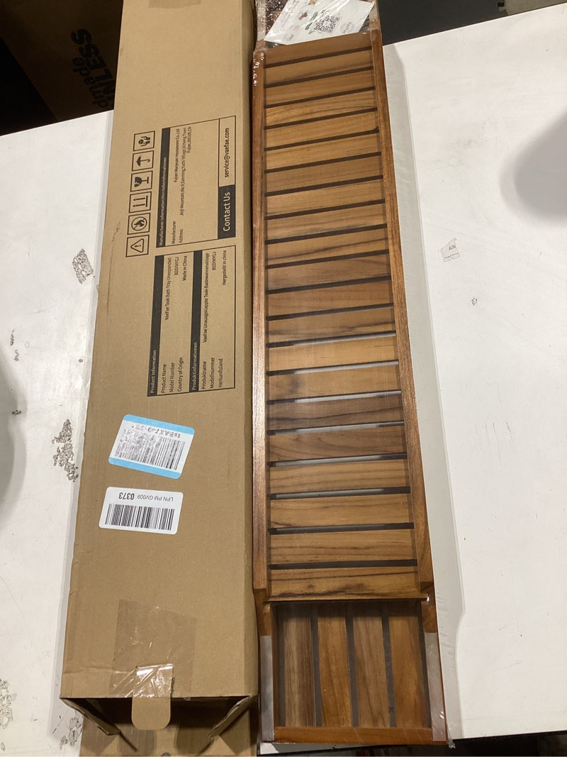 Condition photo showing New/Like New for vaefae teak bathtub tray, wooden bath caddy for bathtub, bath tub wood table for tub 33.8" x 6" x 1.8"
