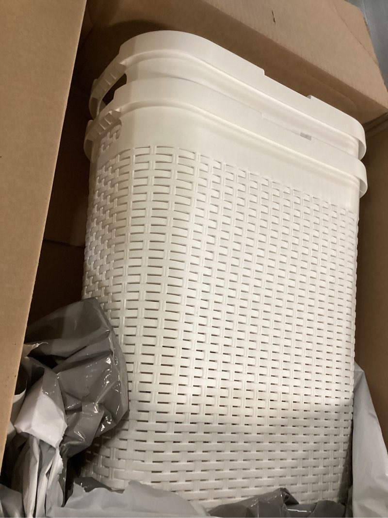 Condition photo showing Good Condition for mind reader slim laundry hamper with lid, 40l clothes basket, narrow tapered design with ventilated cutout pattern, plastic, set of 2, white white set of 2