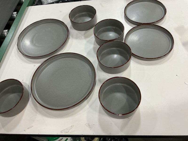 Condition photo showing As Is for (Incomplete , only 9 pcs) Famiware Mercury Plates and Bowls Sets, 18Pieces Stoneware Dinnerware Sets, Dishes Set for 4, Microwave and Dishwasher Safe, Charcoal Charcoal 4-Set(12pcs)