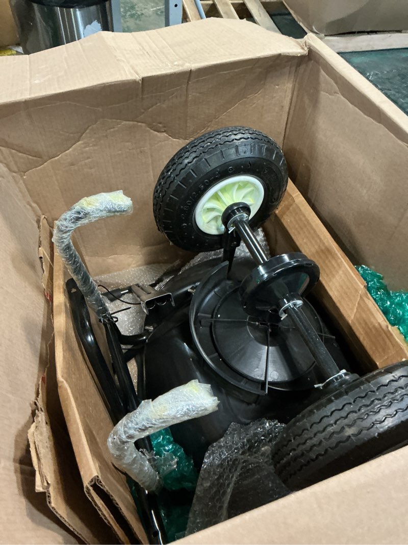 Condition photo showing As Is for vevor walk behind spreader, 60lbs capacity, push spreader with 0-9.8 ft spreading width, 8 in all terrain pneumatic tires, garden & lawn broadcast spreaders, for seed, fertilizer