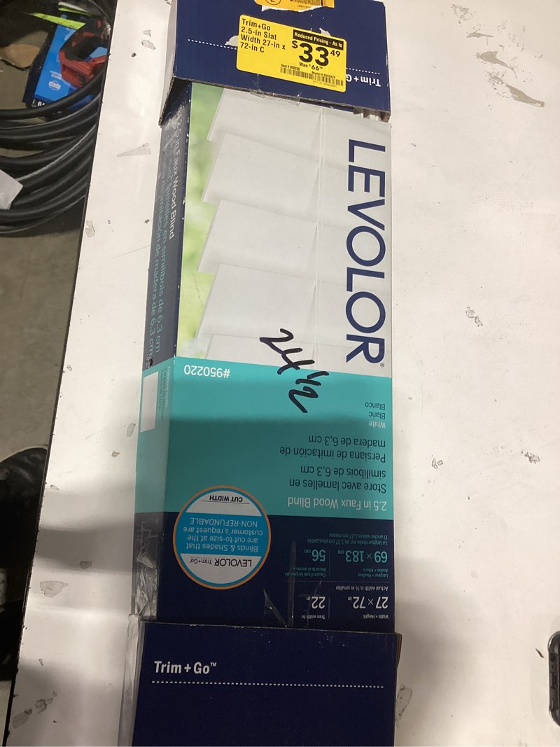 Condition photo showing As Is for levolor  trim+go 2.5-in slat width 27-in x 72-in cordless white faux wood room darkening horizontal blinds  1353 