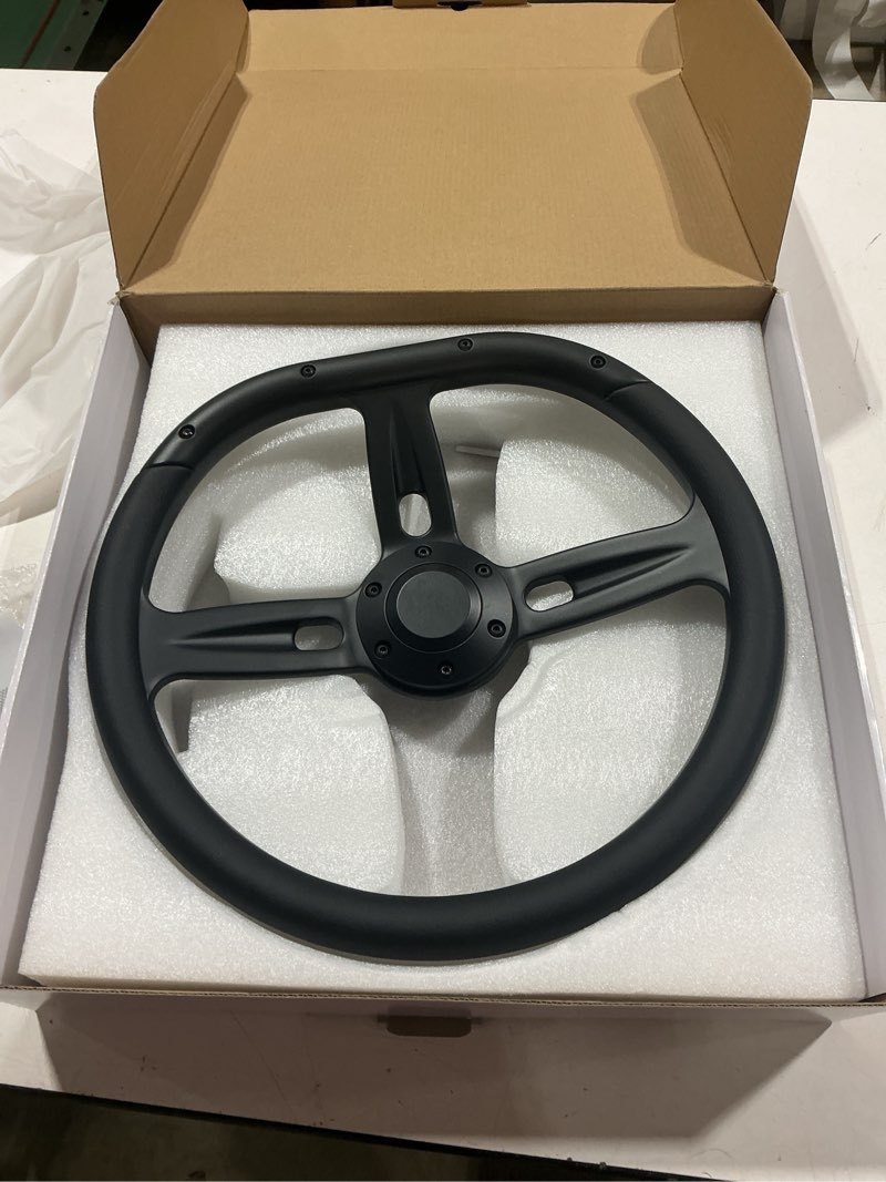 Condition photo showing Good Condition for universal 350mm 14 inch d-shape steering wheel 6 bolt 3 spokes | black microfiber leather grip,aluminum alloy matte black spokes,deep dish 50mm,fit for racing, cars,golf carts steering wheel