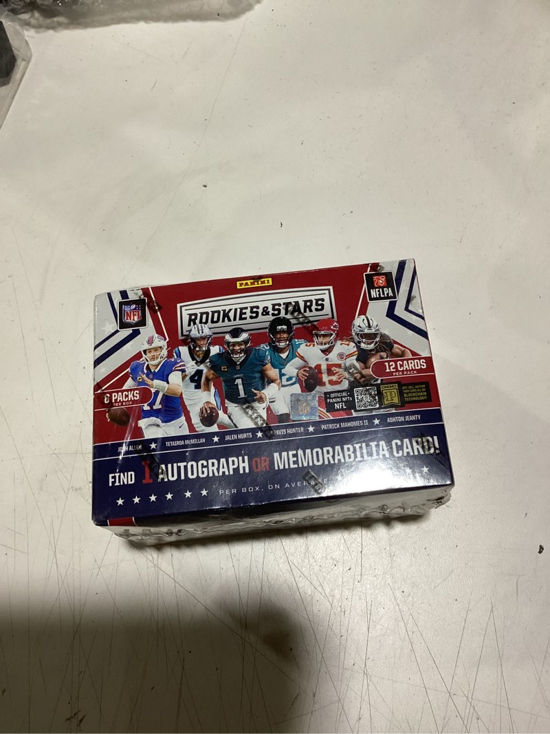 Condition photo showing New/Like New for 2025 panini rookies & stars football 6-pack hobby blaster trading card box (1 autograph or memorabilia card per box)