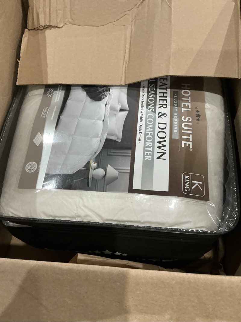Condition photo showing As Is for feather down comforter, natural fluffy duvet insert, king size | luxurious hotel collection quilts, all season bedding comforter, 100% cotton cover 104 x 88 inch, white