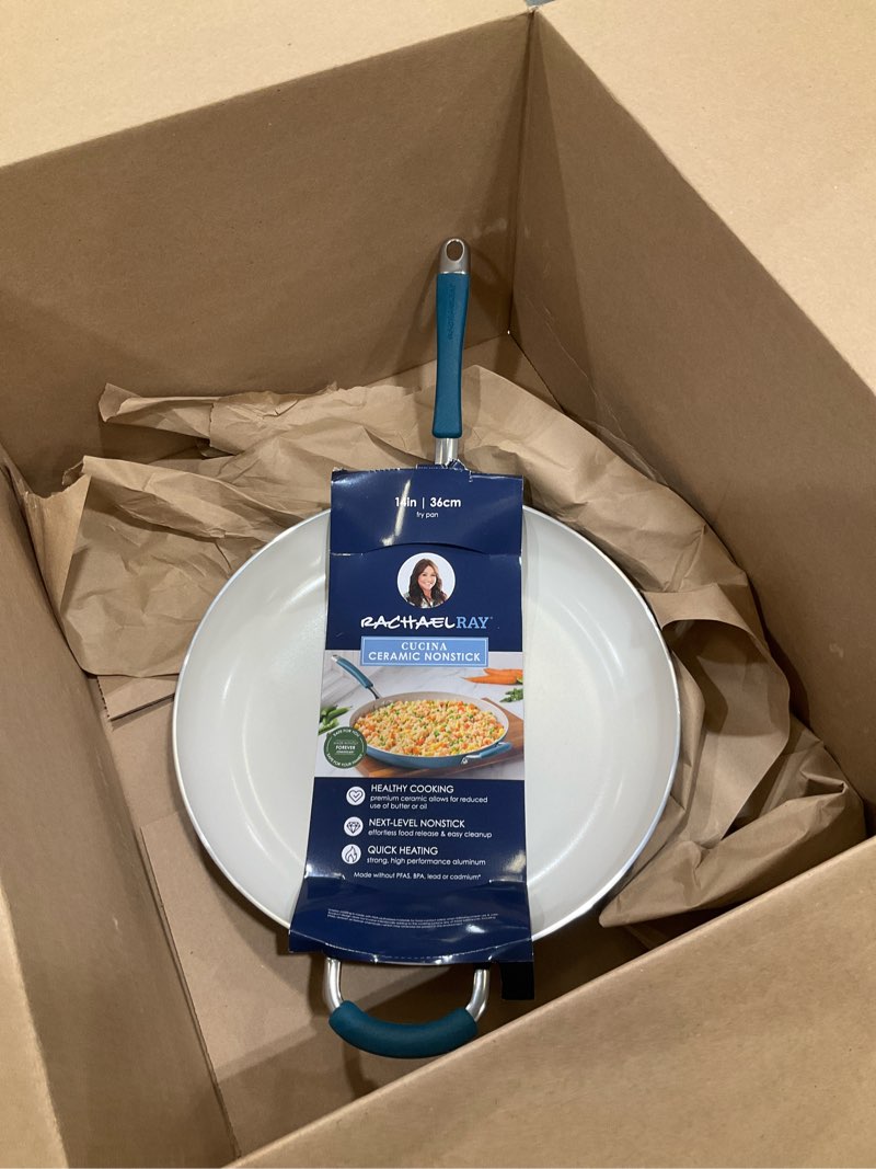Condition photo showing New/Like New for rachael ray cucina ceramic nonstick frying pan/skillet, dishwasher safe, 14 inch open fry pan - marine blue skillet (14-inch) marine blue