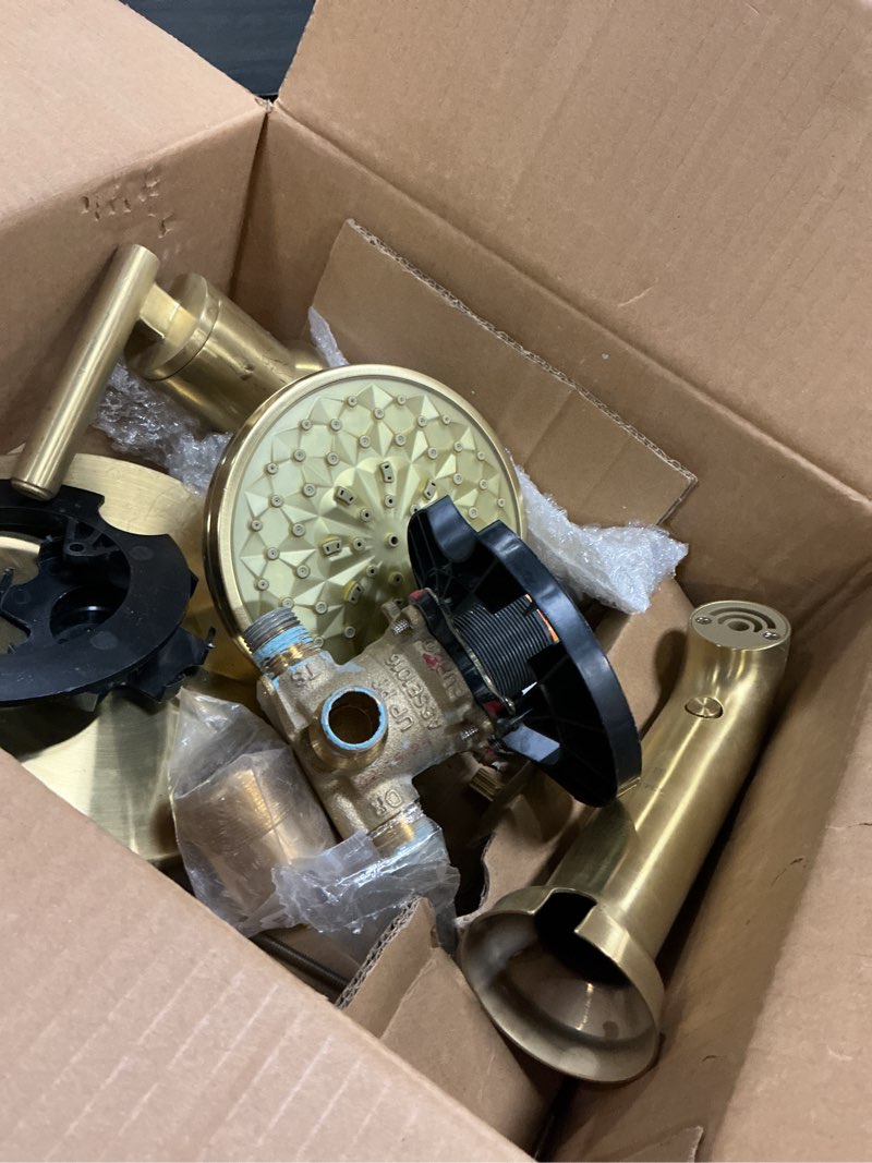 Condition photo showing As Is for tub shower faucet set (valve included) with 6-inch rain shower head and tub spout single-handle tub and shower trim kit brushed gold brushed gold - tub 6" classic