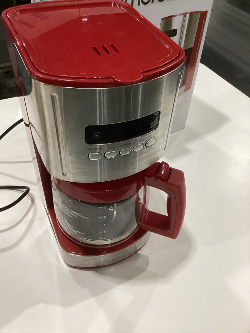 Condition photo showing As Is for Kenmore Drip Coffee Maker - 12 Cup Programmable Cafe Machine With Glass Pot, Regular & Bold Brew, Auto Shut Off Large Water Reservoir, Reusable Filter, Kitchen Appliances For Cafeteria Barista, Red, NOT TESTED, AS IS
