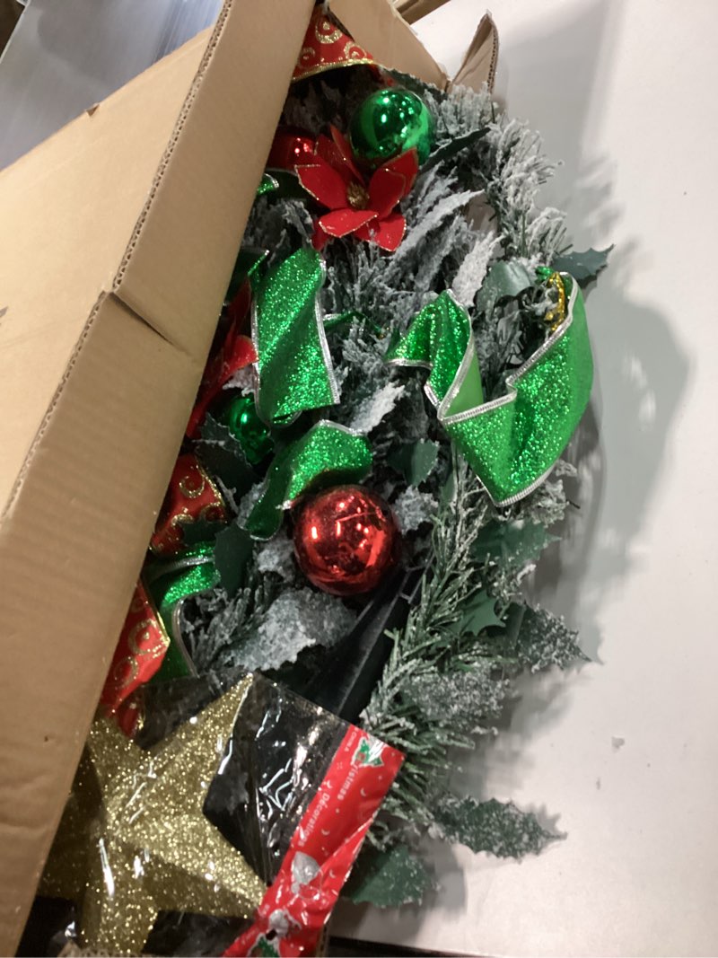 Condition photo showing Good Condition for [ 8 Modes & Timer ] 6Ft Prelit Full Pop Up Flocked Pencil Christmas Tree with 200 Warm White LED Lights, Balls, Red & Green Ribbon, Bows, Plug in Collapsible Xmas Tree Outdoor Indoor Christmas Decor