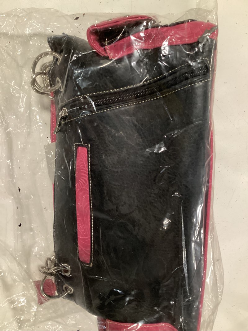 Condition photo showing As Is for rhinestone studded large metal cross leather shoulder handbag purse