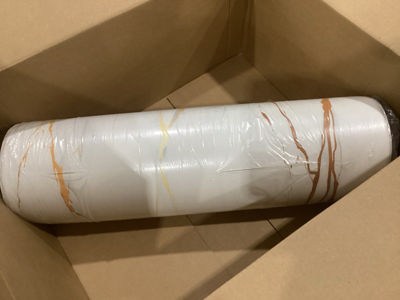 Condition photo showing As Is for CUT Mrcrypos Gold White Kitchen Rugs Cushioned Anti Fatigue Marble Kitchen Runner Rug PVC Waterproof Leather Long Kitchen Rug Non Slip Floor Comfort Mat for Kitchen Sink Laundry Office 23.5\" W x 70\" L 23.5\" W x 70\" L White Marble