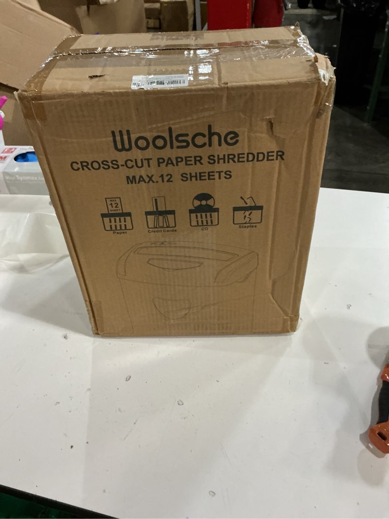 Condition photo showing New/Like New for woolsche 12-sheet cross cut paper shredder with large 5.55-gallon basket - p-4 security, 3-mode shred for cards/cds/staples/clips - jam proof system for office (etl certified) cross cut-12