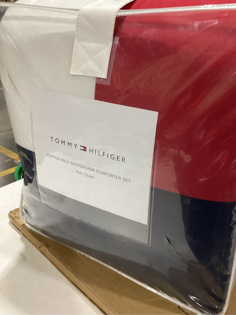 Condition photo showing Good Condition for tommy hilfiger - comforter set, luxuriously soft cotton seersucker bedding with matching shams, color block design (iconic anniversary navy, full/queen) full/queen iconic anniversary navy