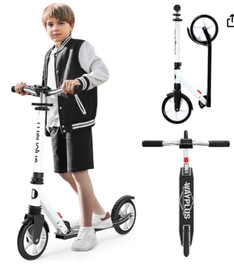 wayplus kick scooter for ages 6+,kid, teens & adults. max load 240 lbs. foldable, lightweight, 8in big wheels for kids, teen and adults, 4 adjustable levels. bearing abec9