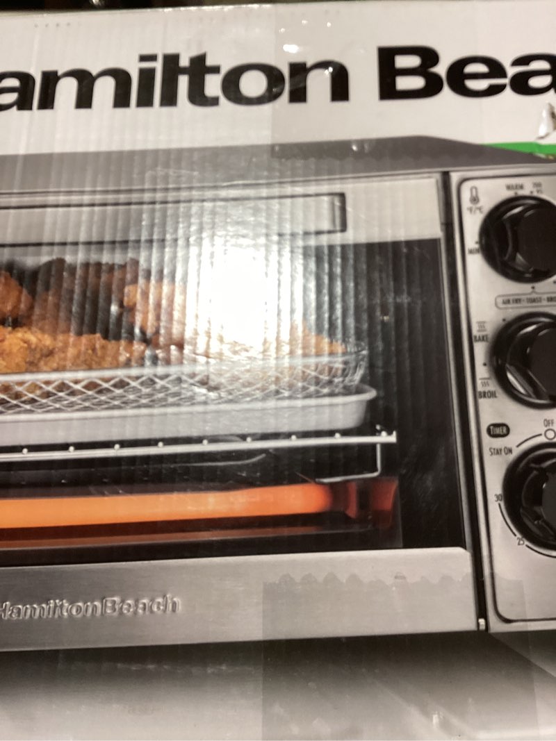 Condition photo showing New/Like New for Hamilton Beach Sure-Crisp Air Fryer Toaster Oven Combo, Fits 9” Pizza, 4 Slice Capacity, Powerful Circulation, Auto Shutoff, Stainless Steel (31403)