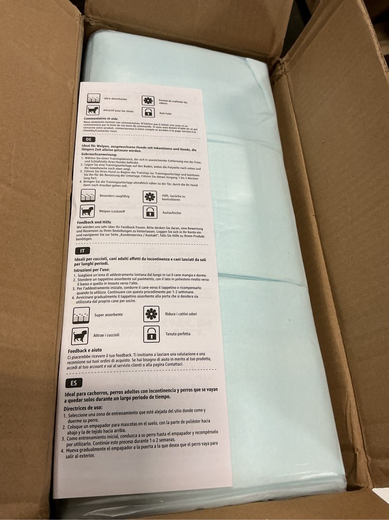 Condition photo showing Good Condition for Amazon Basics Dog and Puppy Pee Pads, 5-Layer Leak-Proof Super Absorbent, Quick-Dry Surface, Potty Training, Regular (22x22"), 150 Count, Blue & White