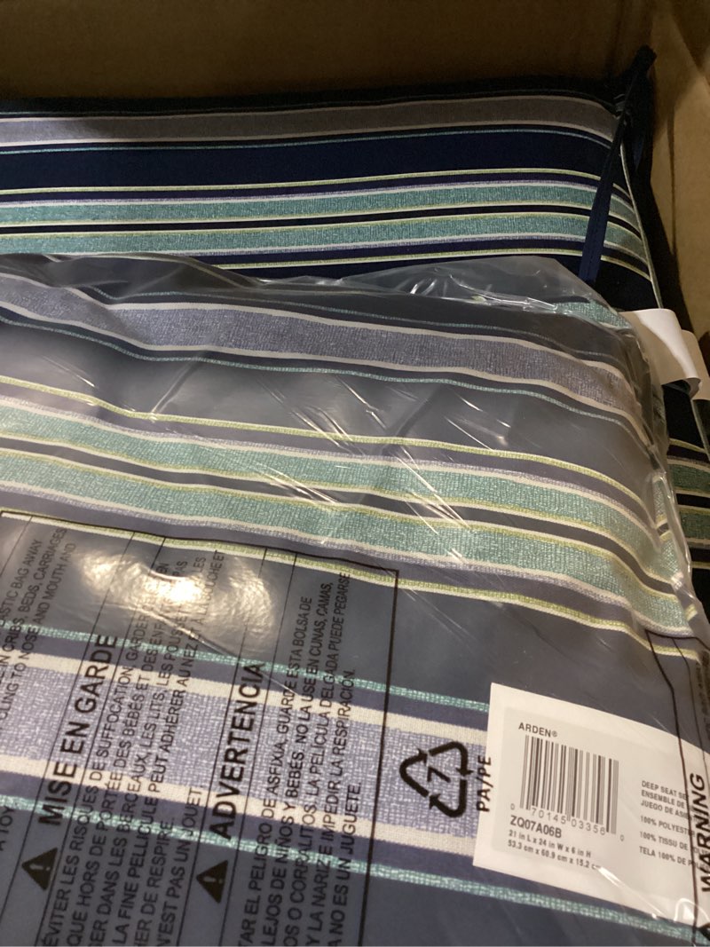 Condition photo showing Good Condition for arden selections outdoor deep seat set, 24 x 24, water repellent, fade resistant, deep seat bottom and back cushion 24 x 24, sapphire aurora blue stripe