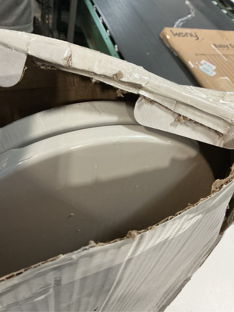 Condition photo showing As Is for round toilet seat, standard 16.5” slow/soft close round toilet seat for round toilets, no-slam quiet-close lid, easy-to-install, white, durable never-loosen design white round(standard)