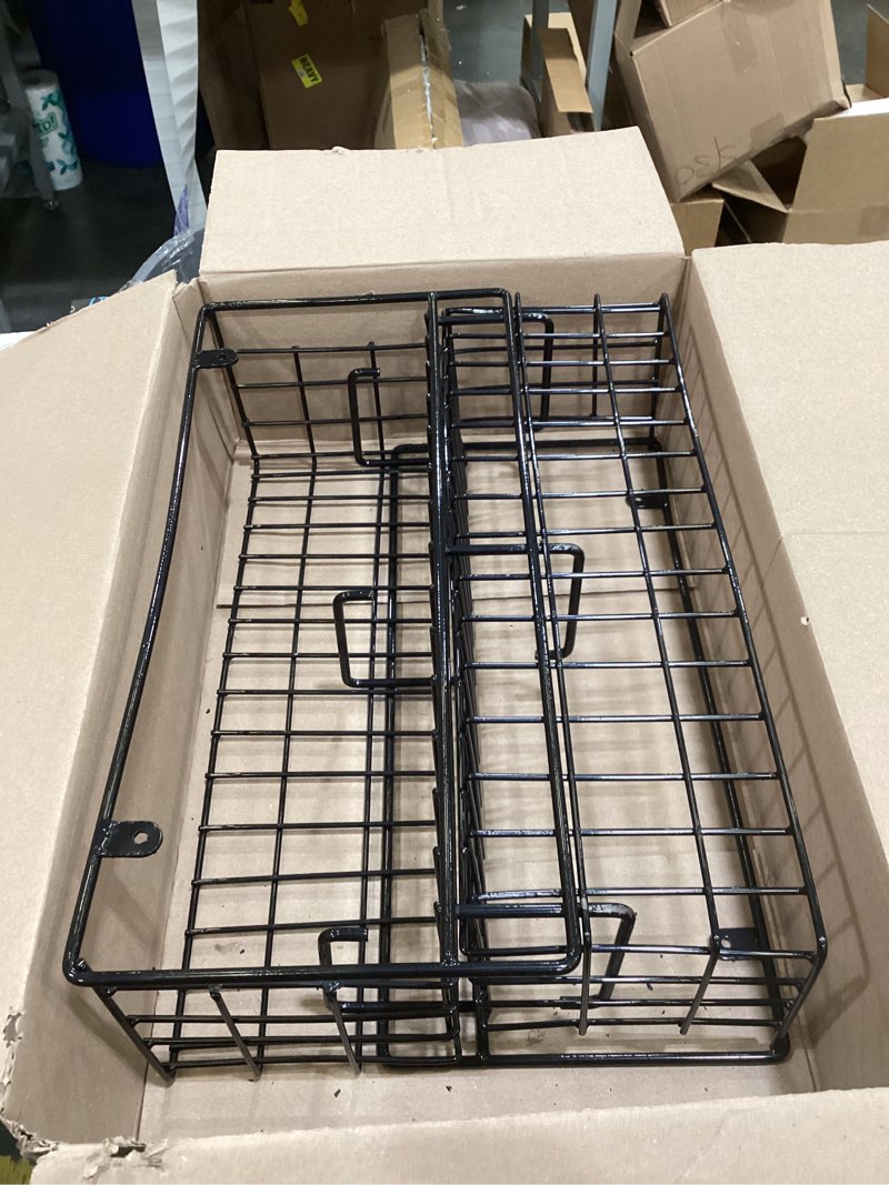black wire metal storage basket or organizer, commonly used for versatile storage solutions in kitchens, bathrooms, or garages.