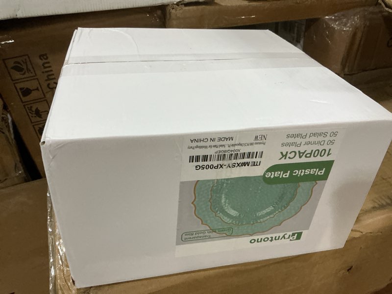 Condition photo showing New/Like New for 100 PCS Green Stone Texture Plastic Plates, Disposable Plates with Gold Rim, Heavy-duty Clear Plastic Plate Include 10" Dinner and 7" Salad Plate for Party and Wedding Clear Green Gold 100PCS