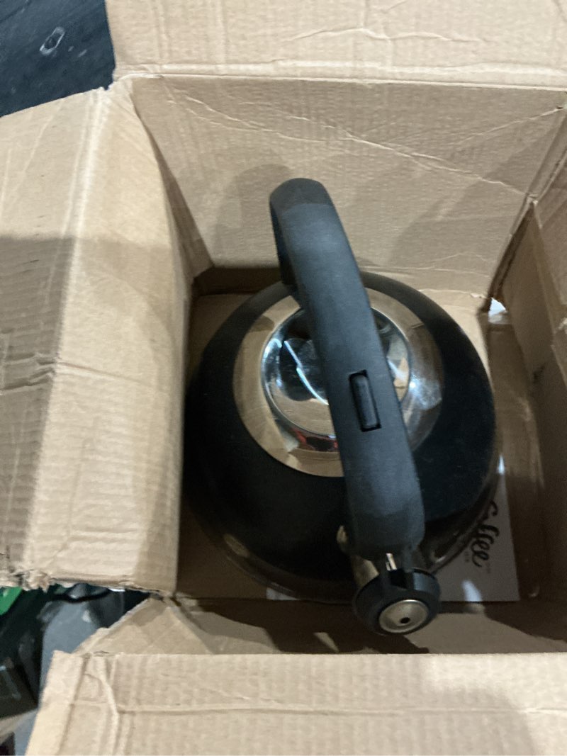 Condition photo showing As Is for mr. coffee flintshire 1.75-quart stainless steel whistling tea kettle with nylon handle – matte black stove-top kettle for boiling water 1.8 quarts matte black