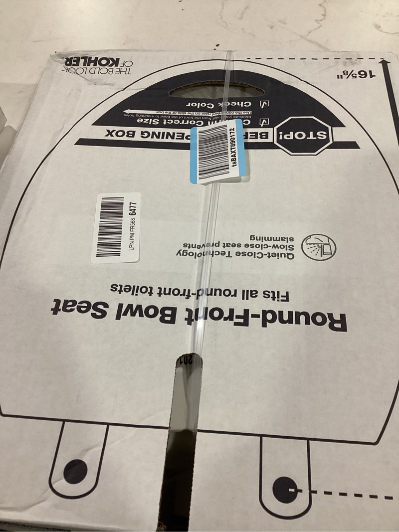 Condition photo showing New/Like New for kohler 20111-0 brevia, slow close toilet seat, round toilet seat, grip-tight bumpers quick-attach hardware, white