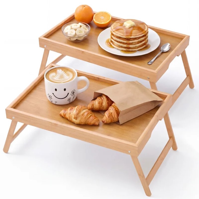 2 pack bed tray table with folding legs,bamboo breakfast in bed for tv table,laptop computer tray,eating,snack tray