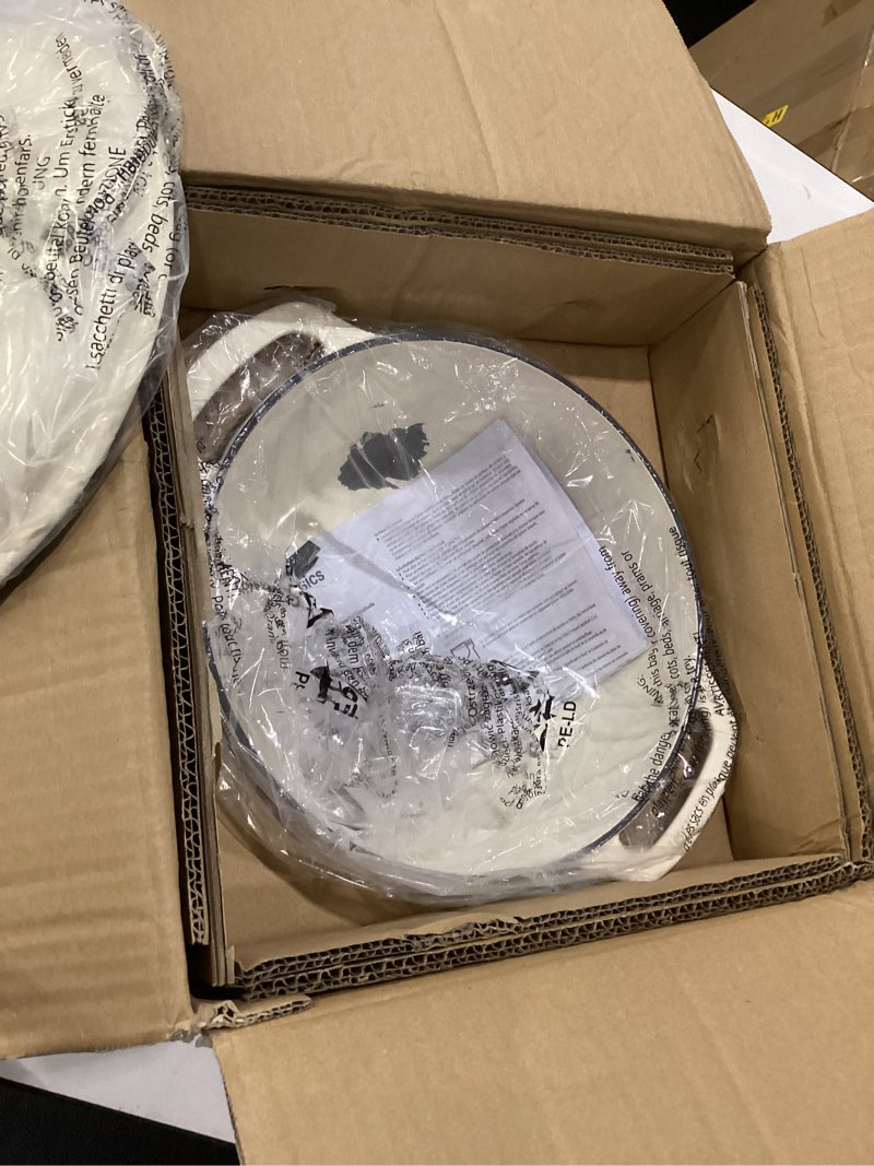 Condition photo showing As Is for used enamel worn off amazon basics cast iron dutch oven pot with lid, enameled, round, dual handles, heavy-duty, small, 4.3-quart, white white 4.3-quarts