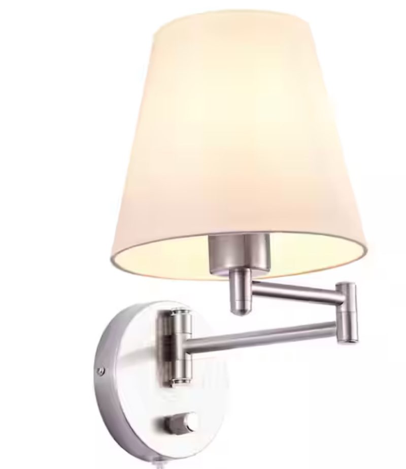 Modern 1-Light Nickel Swing Arm Wall Lamp with White Fabric Shade and 72" Cord for Bedroom and Foyer